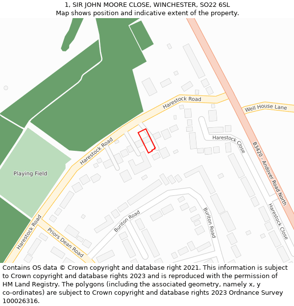 1, SIR JOHN MOORE CLOSE, WINCHESTER, SO22 6SL: Location map and indicative extent of plot