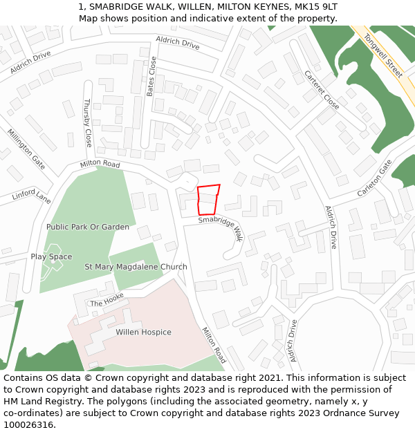 1, SMABRIDGE WALK, WILLEN, MILTON KEYNES, MK15 9LT: Location map and indicative extent of plot
