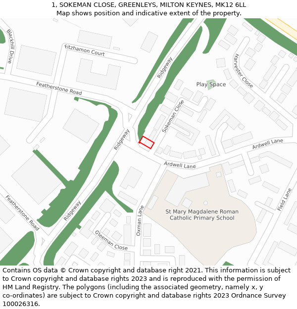 1, SOKEMAN CLOSE, GREENLEYS, MILTON KEYNES, MK12 6LL: Location map and indicative extent of plot