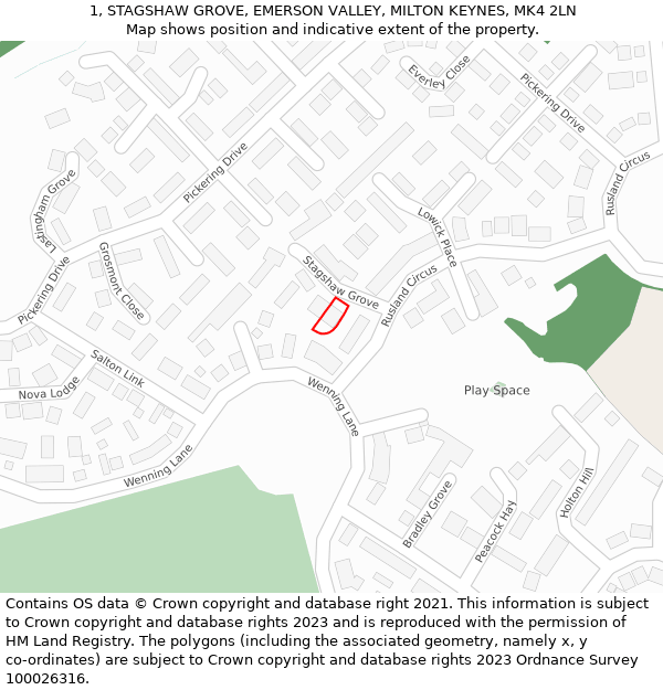 1, STAGSHAW GROVE, EMERSON VALLEY, MILTON KEYNES, MK4 2LN: Location map and indicative extent of plot