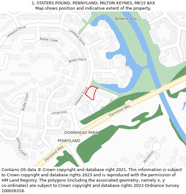 1, STATERS POUND, PENNYLAND, MILTON KEYNES, MK15 8AX: Location map and indicative extent of plot