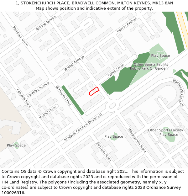 1, STOKENCHURCH PLACE, BRADWELL COMMON, MILTON KEYNES, MK13 8AN: Location map and indicative extent of plot