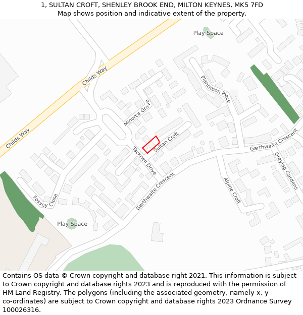 1, SULTAN CROFT, SHENLEY BROOK END, MILTON KEYNES, MK5 7FD: Location map and indicative extent of plot