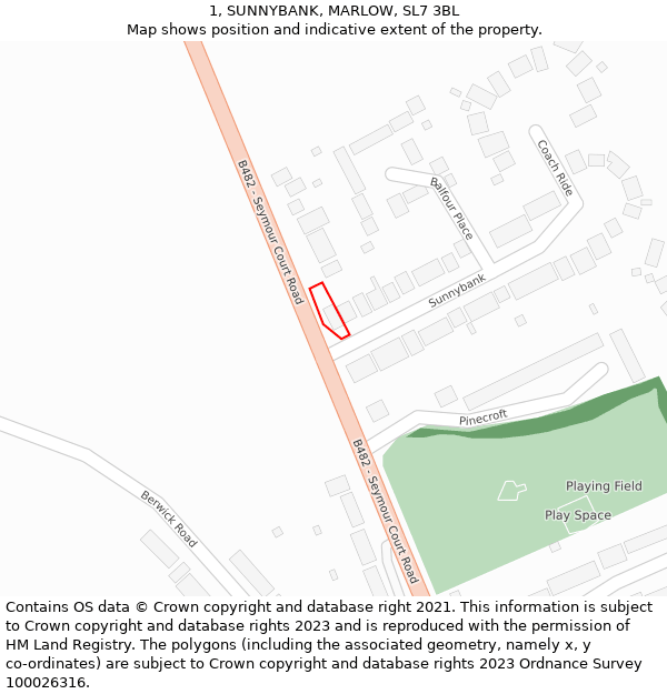 1, SUNNYBANK, MARLOW, SL7 3BL: Location map and indicative extent of plot