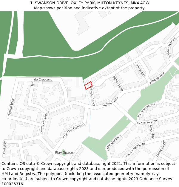 1, SWANSON DRIVE, OXLEY PARK, MILTON KEYNES, MK4 4GW: Location map and indicative extent of plot