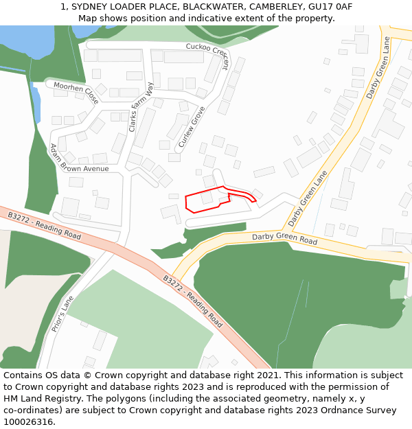 1, SYDNEY LOADER PLACE, BLACKWATER, CAMBERLEY, GU17 0AF: Location map and indicative extent of plot
