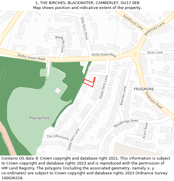 1, THE BIRCHES, BLACKWATER, CAMBERLEY, GU17 0EB: Location map and indicative extent of plot