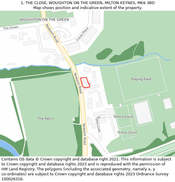 1, THE CLOSE, WOUGHTON ON THE GREEN, MILTON KEYNES, MK6 3BD: Location map and indicative extent of plot