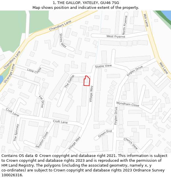 1, THE GALLOP, YATELEY, GU46 7SG: Location map and indicative extent of plot