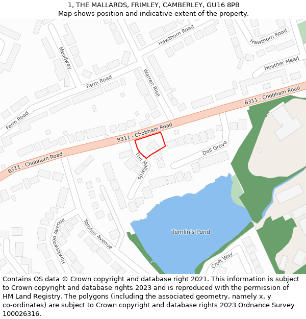 1, THE MALLARDS, FRIMLEY, CAMBERLEY, GU16 8PB: Location map and indicative extent of plot