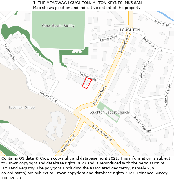 1, THE MEADWAY, LOUGHTON, MILTON KEYNES, MK5 8AN: Location map and indicative extent of plot