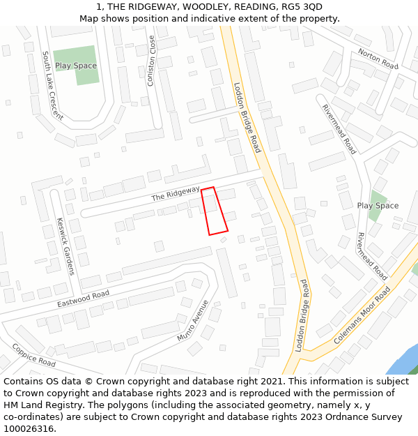 1, THE RIDGEWAY, WOODLEY, READING, RG5 3QD: Location map and indicative extent of plot