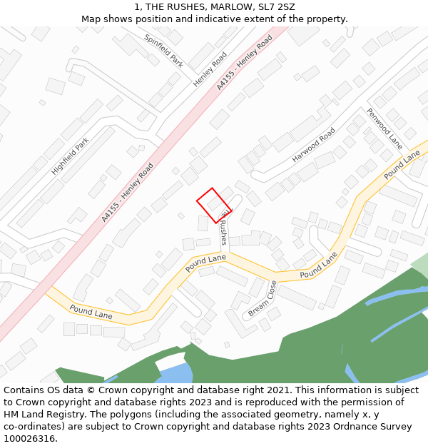 1, THE RUSHES, MARLOW, SL7 2SZ: Location map and indicative extent of plot