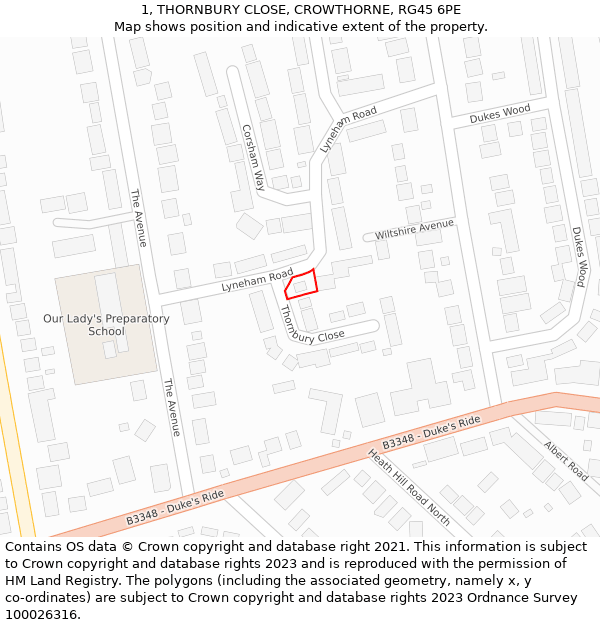 1, THORNBURY CLOSE, CROWTHORNE, RG45 6PE: Location map and indicative extent of plot