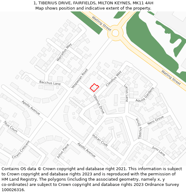 1, TIBERIUS DRIVE, FAIRFIELDS, MILTON KEYNES, MK11 4AH: Location map and indicative extent of plot