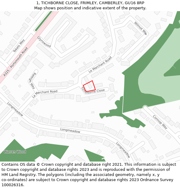 1, TICHBORNE CLOSE, FRIMLEY, CAMBERLEY, GU16 8RP: Location map and indicative extent of plot