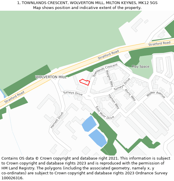 1, TOWNLANDS CRESCENT, WOLVERTON MILL, MILTON KEYNES, MK12 5GS: Location map and indicative extent of plot