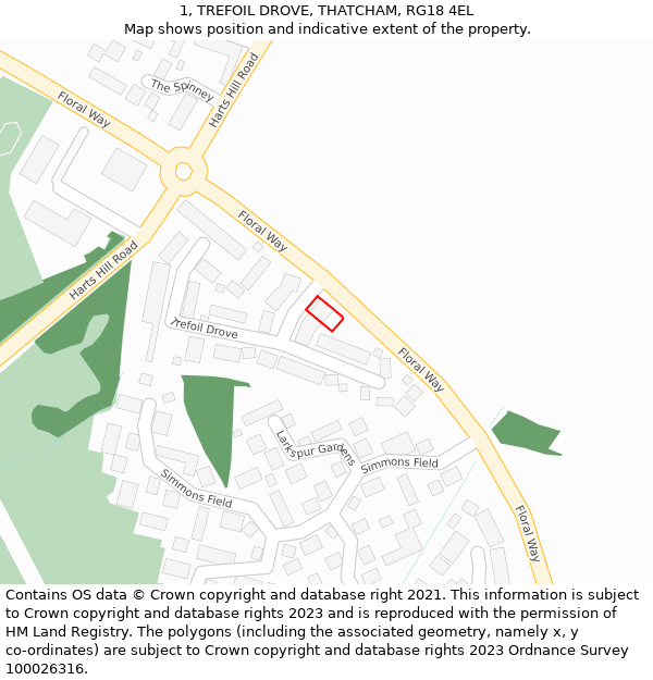 1, TREFOIL DROVE, THATCHAM, RG18 4EL: Location map and indicative extent of plot