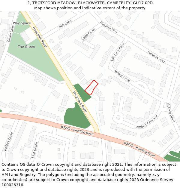 1, TROTSFORD MEADOW, BLACKWATER, CAMBERLEY, GU17 0PD: Location map and indicative extent of plot