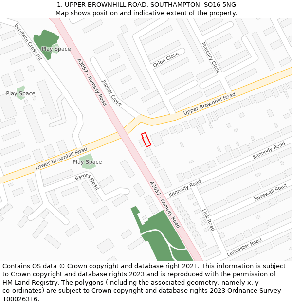 1, UPPER BROWNHILL ROAD, SOUTHAMPTON, SO16 5NG: Location map and indicative extent of plot