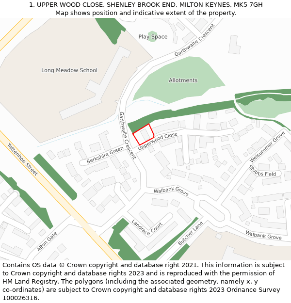 1, UPPER WOOD CLOSE, SHENLEY BROOK END, MILTON KEYNES, MK5 7GH: Location map and indicative extent of plot