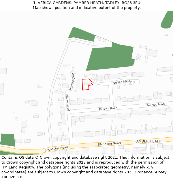 1, VERICA GARDENS, PAMBER HEATH, TADLEY, RG26 3EU: Location map and indicative extent of plot