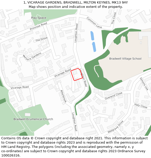 1, VICARAGE GARDENS, BRADWELL, MILTON KEYNES, MK13 9AY: Location map and indicative extent of plot