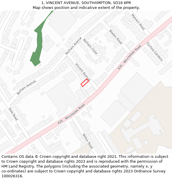 1, VINCENT AVENUE, SOUTHAMPTON, SO16 6PR: Location map and indicative extent of plot