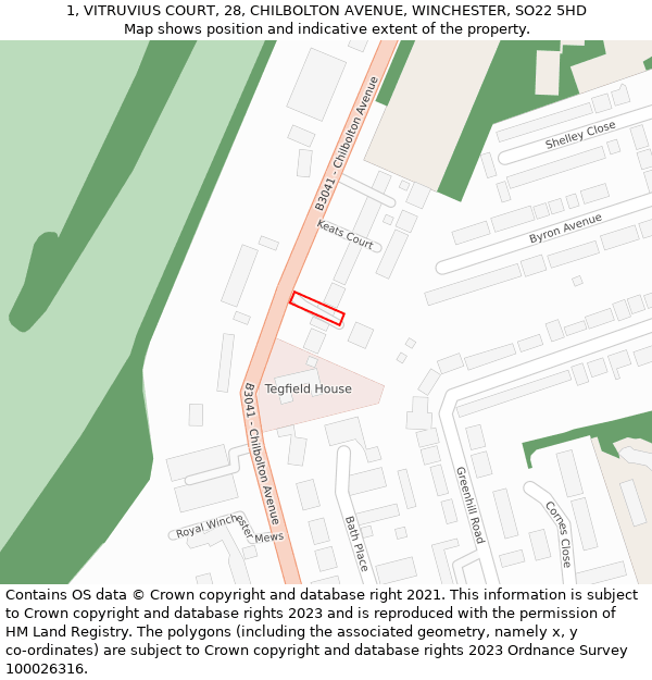 1, VITRUVIUS COURT, 28, CHILBOLTON AVENUE, WINCHESTER, SO22 5HD: Location map and indicative extent of plot