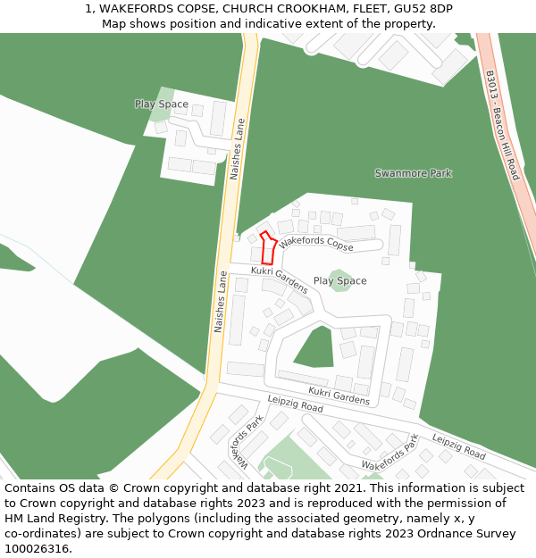 1, WAKEFORDS COPSE, CHURCH CROOKHAM, FLEET, GU52 8DP: Location map and indicative extent of plot