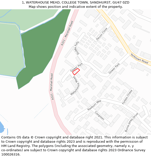 1, WATERHOUSE MEAD, COLLEGE TOWN, SANDHURST, GU47 0ZD: Location map and indicative extent of plot