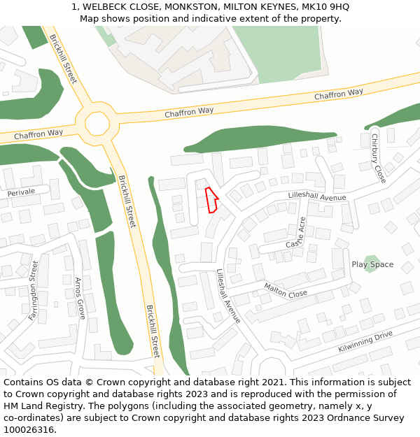 1, WELBECK CLOSE, MONKSTON, MILTON KEYNES, MK10 9HQ: Location map and indicative extent of plot