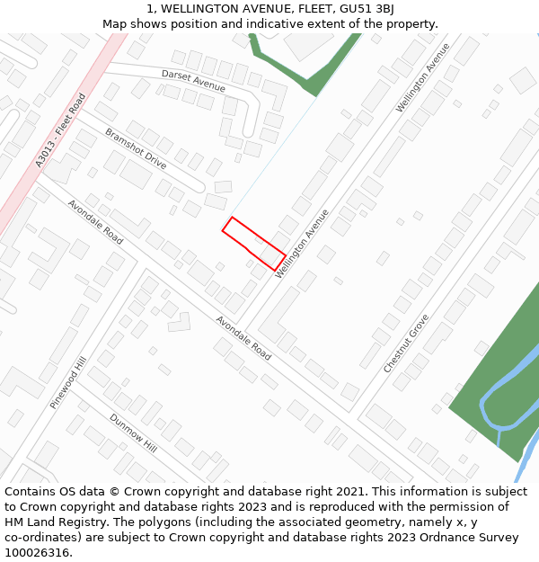 1, WELLINGTON AVENUE, FLEET, GU51 3BJ: Location map and indicative extent of plot