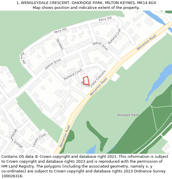 1, WENSLEYDALE CRESCENT, OAKRIDGE PARK, MILTON KEYNES, MK14 6GX: Location map and indicative extent of plot