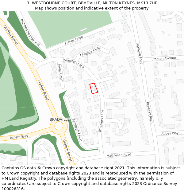 1, WESTBOURNE COURT, BRADVILLE, MILTON KEYNES, MK13 7HP: Location map and indicative extent of plot