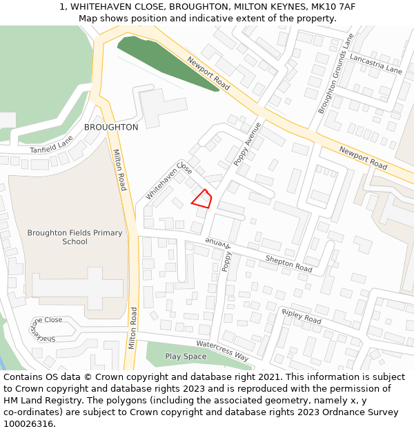 1, WHITEHAVEN CLOSE, BROUGHTON, MILTON KEYNES, MK10 7AF: Location map and indicative extent of plot