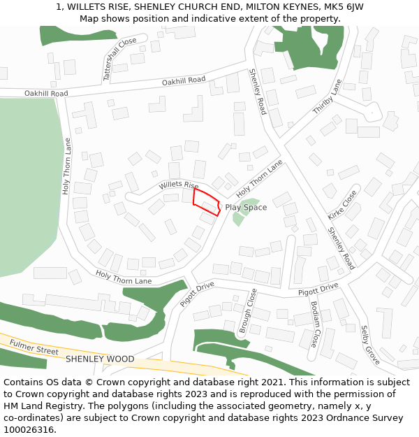 1, WILLETS RISE, SHENLEY CHURCH END, MILTON KEYNES, MK5 6JW: Location map and indicative extent of plot