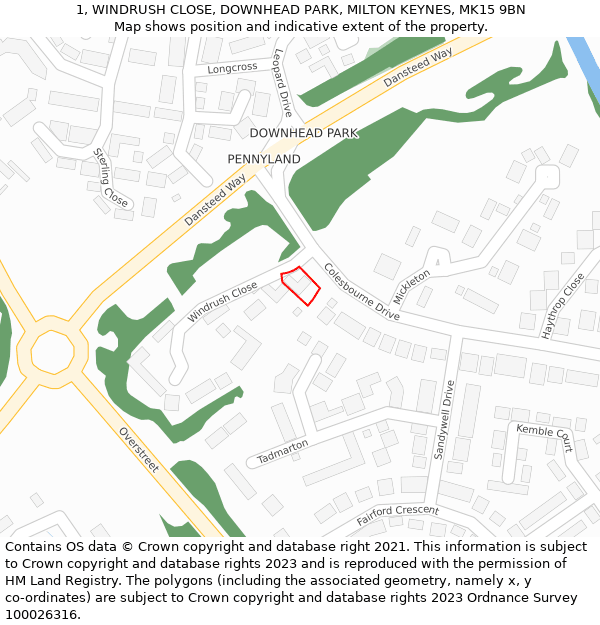 1, WINDRUSH CLOSE, DOWNHEAD PARK, MILTON KEYNES, MK15 9BN: Location map and indicative extent of plot