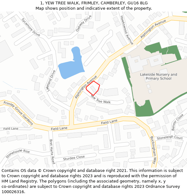 1, YEW TREE WALK, FRIMLEY, CAMBERLEY, GU16 8LG: Location map and indicative extent of plot