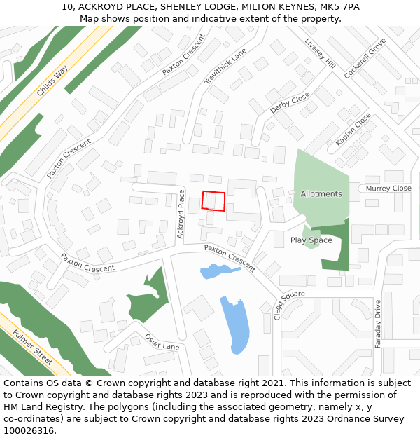 10, ACKROYD PLACE, SHENLEY LODGE, MILTON KEYNES, MK5 7PA: Location map and indicative extent of plot