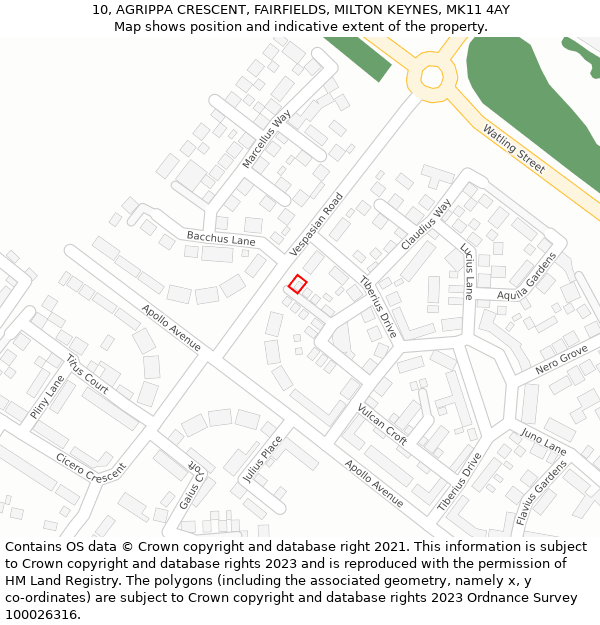 10, AGRIPPA CRESCENT, FAIRFIELDS, MILTON KEYNES, MK11 4AY: Location map and indicative extent of plot