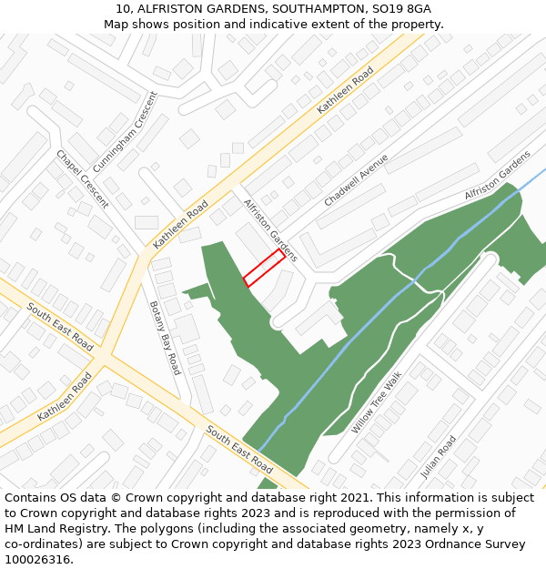 10, ALFRISTON GARDENS, SOUTHAMPTON, SO19 8GA: Location map and indicative extent of plot