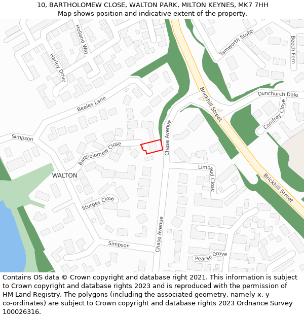 10, BARTHOLOMEW CLOSE, WALTON PARK, MILTON KEYNES, MK7 7HH: Location map and indicative extent of plot