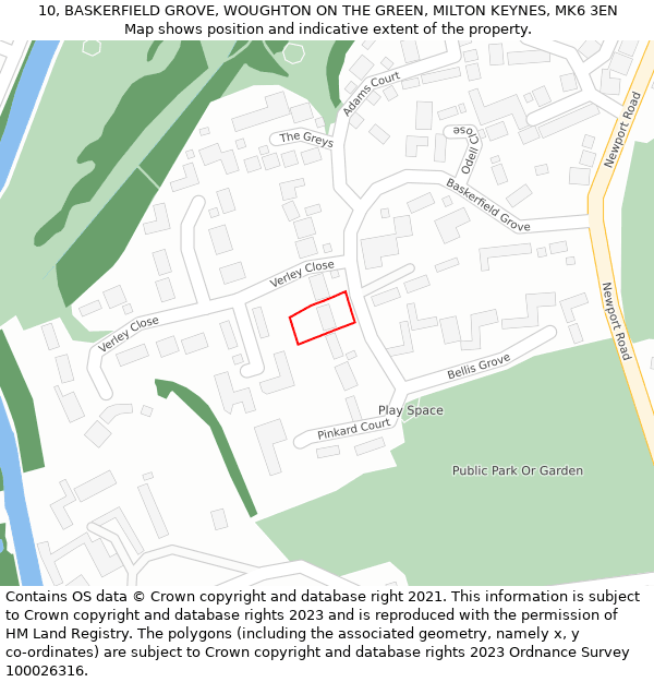 10, BASKERFIELD GROVE, WOUGHTON ON THE GREEN, MILTON KEYNES, MK6 3EN: Location map and indicative extent of plot