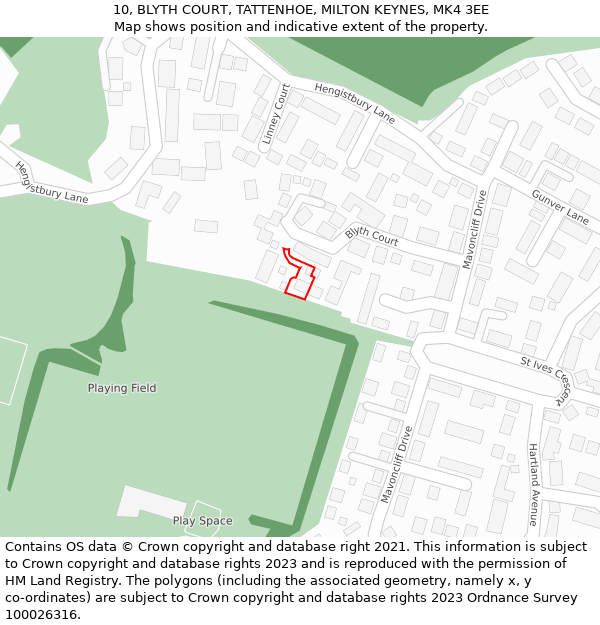 10, BLYTH COURT, TATTENHOE, MILTON KEYNES, MK4 3EE: Location map and indicative extent of plot