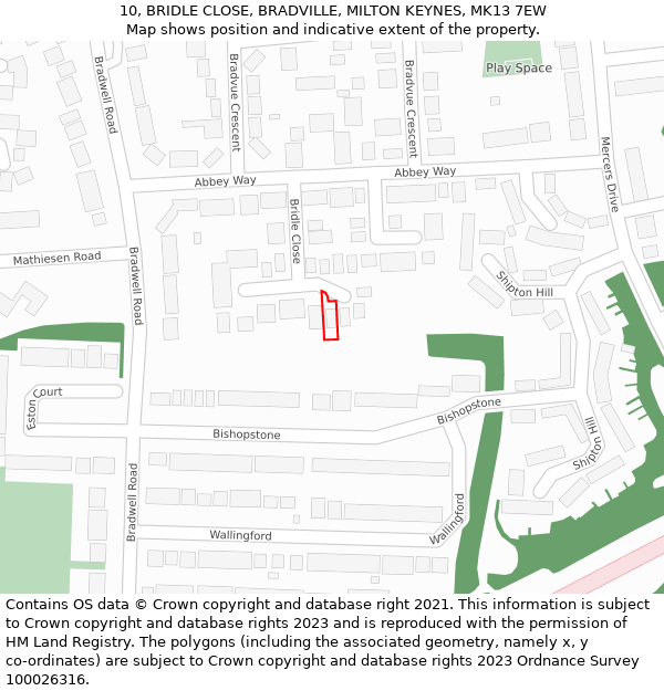 10, BRIDLE CLOSE, BRADVILLE, MILTON KEYNES, MK13 7EW: Location map and indicative extent of plot