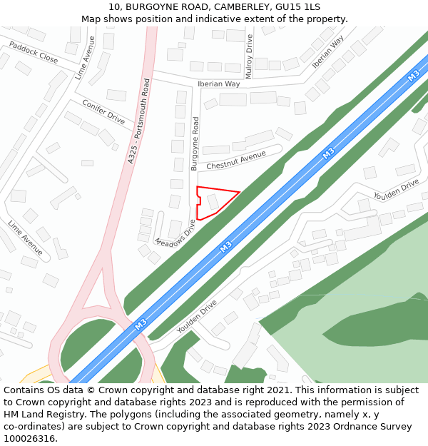 10, BURGOYNE ROAD, CAMBERLEY, GU15 1LS: Location map and indicative extent of plot