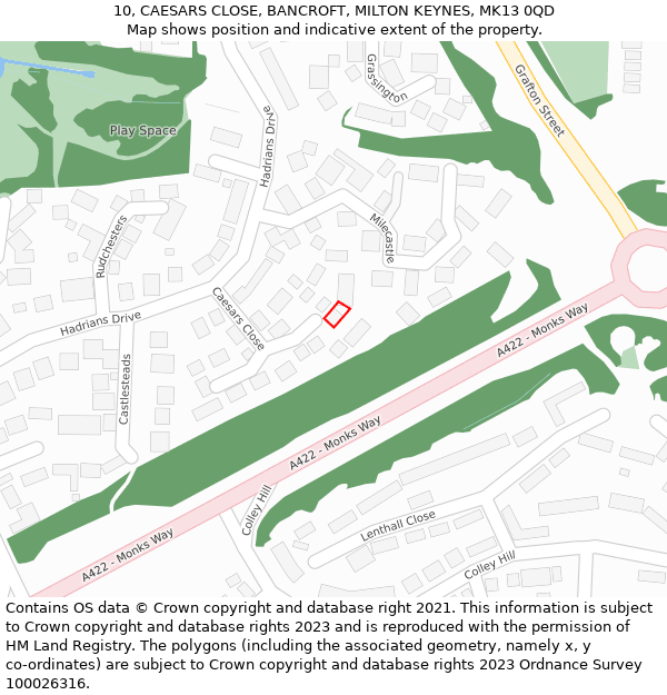 10, CAESARS CLOSE, BANCROFT, MILTON KEYNES, MK13 0QD: Location map and indicative extent of plot