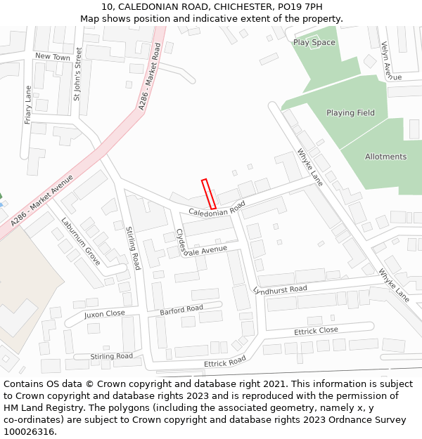 10, CALEDONIAN ROAD, CHICHESTER, PO19 7PH: Location map and indicative extent of plot