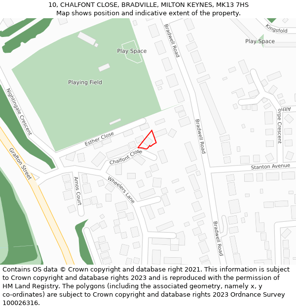 10, CHALFONT CLOSE, BRADVILLE, MILTON KEYNES, MK13 7HS: Location map and indicative extent of plot